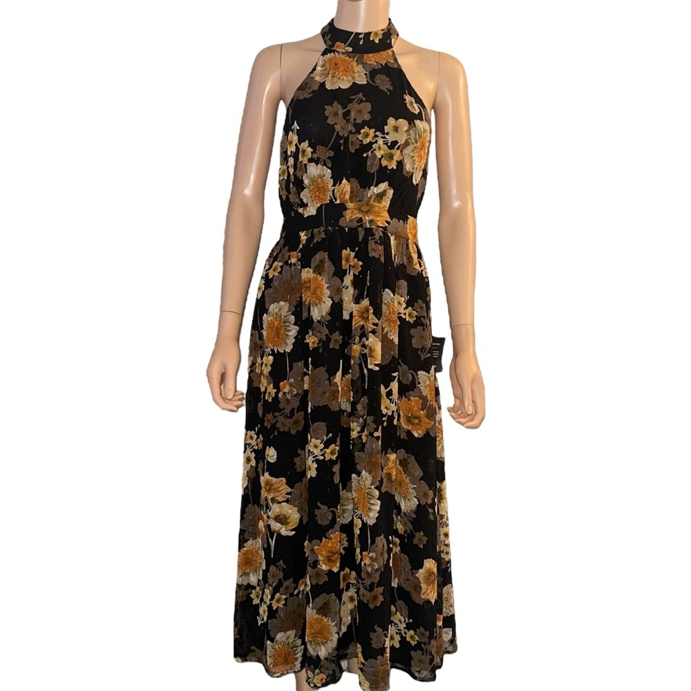 Lulu's Black Halter Floral Midi Dress with Orange & Brown Blooms - Picture 5 of 10